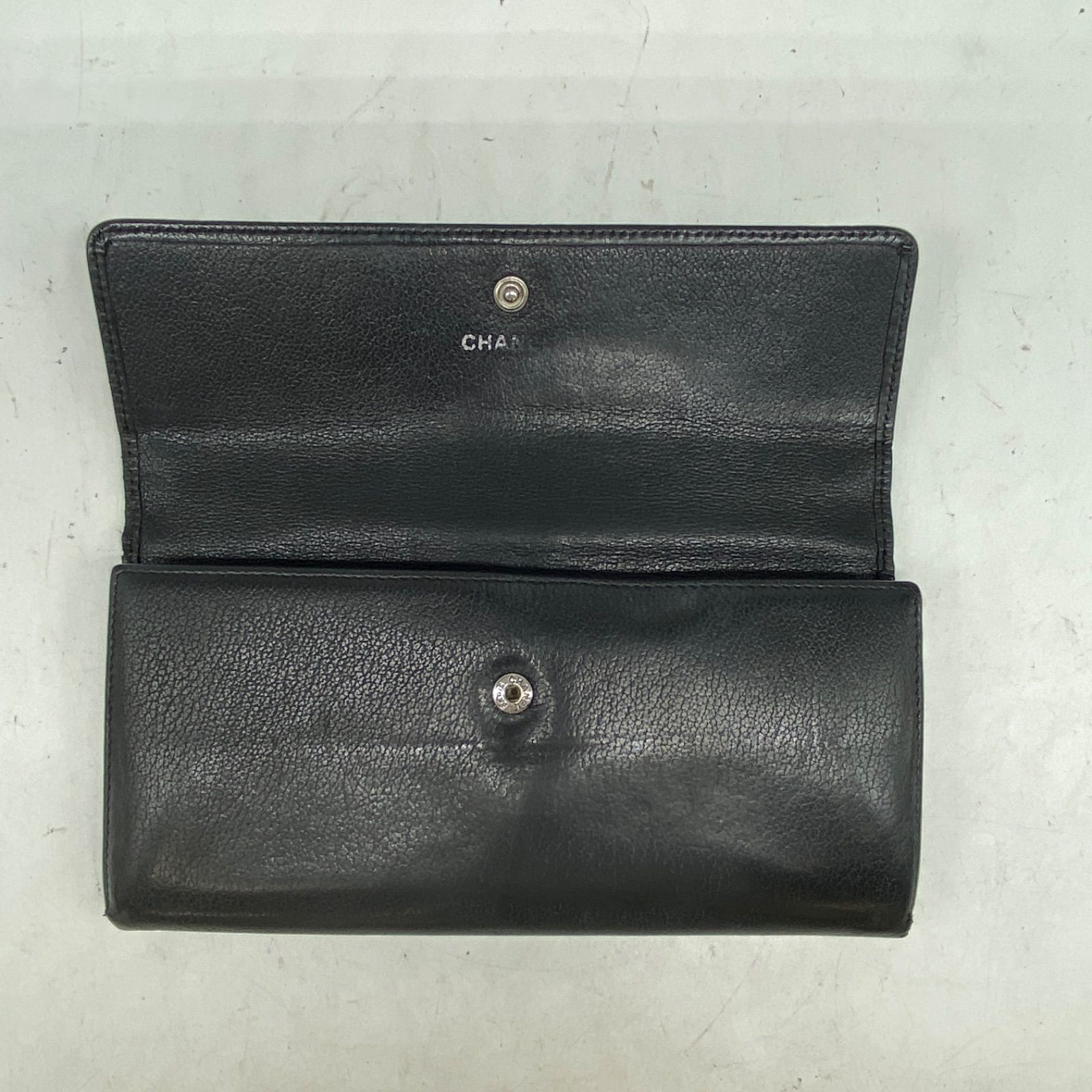 シャネル 長財布 2つ折り 革 黒 ココマーク カメリア カード 札入れ 