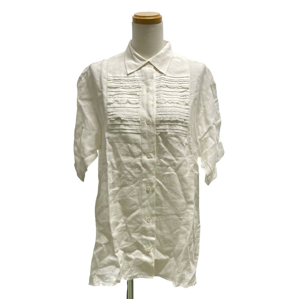 マックスマーラ ウィークエンドライン MAX MARA WEEKEND LINE シャツ ブラウス リネン100% ピンタック レース装飾 半袖 L 白 ホワイト /TD ■ECD004