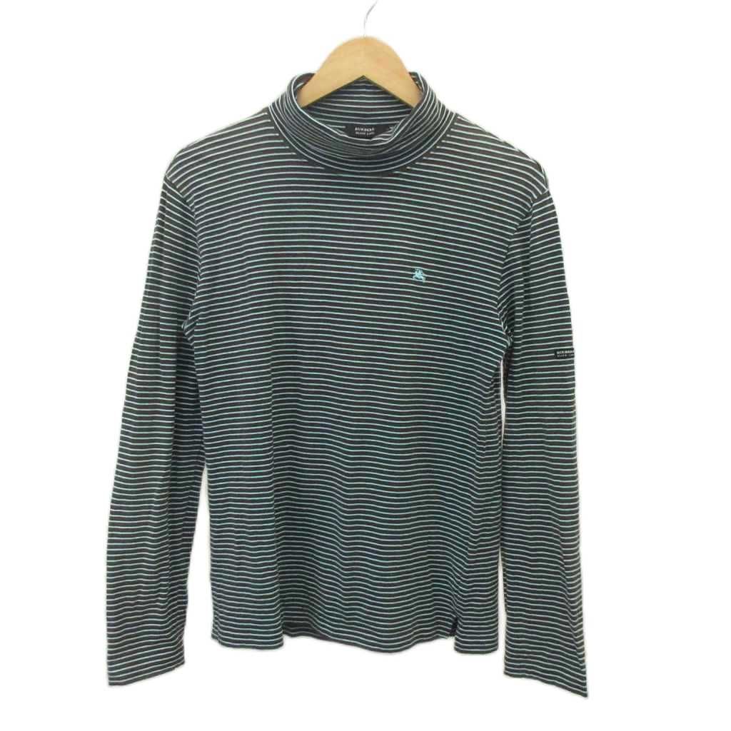 バーバリーブラックレーベル BURBERRY BLACK LABEL タートルネックTシャツ 2 茶 ブラウン ライトブルー ストライプ柄 タートルネック 長袖 /SH ■GY99