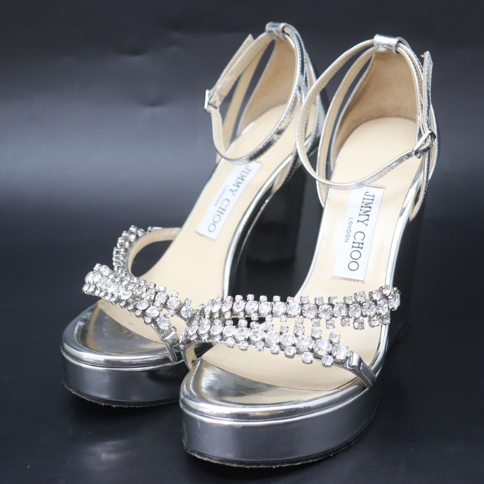 ITLAMFDWFVJO JIMMY CHOO ジミーチュウ シルバー ハイヒール ウェッジソール アンクルストラップ ラインストーン キラキラ レディース サイズ37