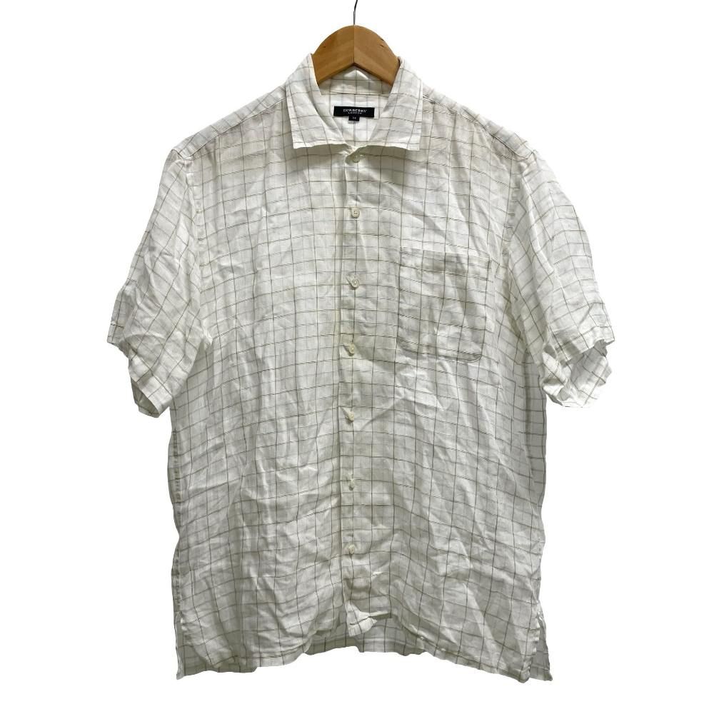バーバリー ロンドン BURBERRY LONDON シャツ リネン チェック柄 半袖 ホリゾンタルカラー M 白 ホワイト /TD ■ECD004