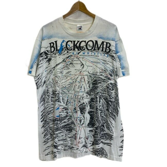 【中古】　FRUIT OF THE LOOM　Tシャツ　90s-00s vintage　90年代-00年代　半袖　カットソー　トップス　クルーネック　総柄　両面プリント　BL CKCOMB　地図　オーバーサイズ　カナダ製　古着　/1953
