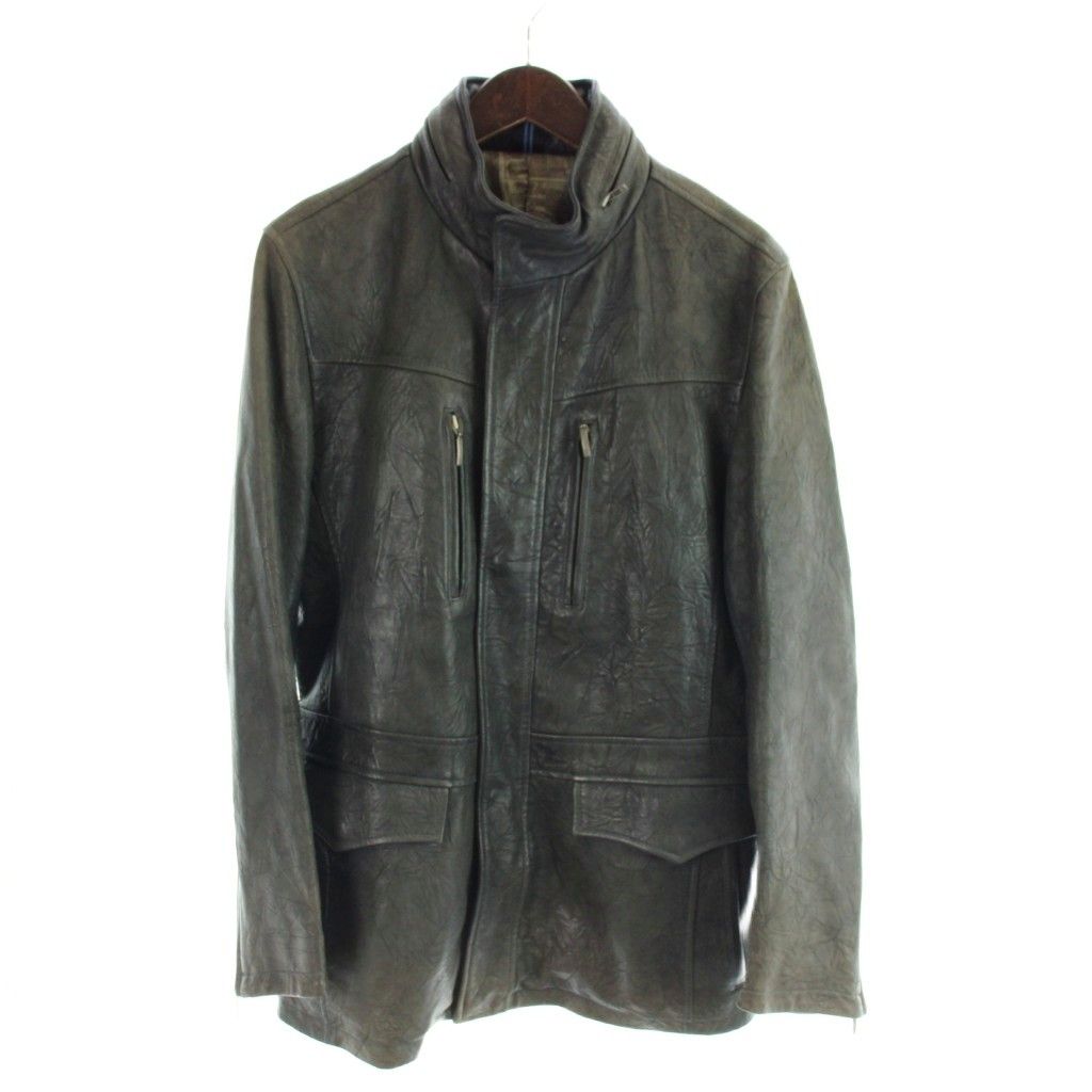 ランバンオンブルー LANVIN en Bleu レザージャケット 上着 48 グレー 長袖 スタンドカラー シワ加工 LB-RS-38373 /AP ■GY70
