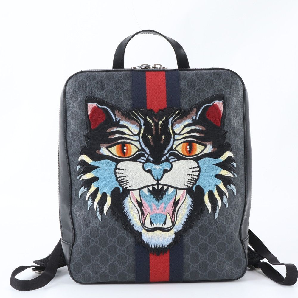 美品 グッチ GG スプリーム アングリーキャット 473324 レザー リュックサック リュック バックパック A4 メンズ UEE EB10-1【中古】