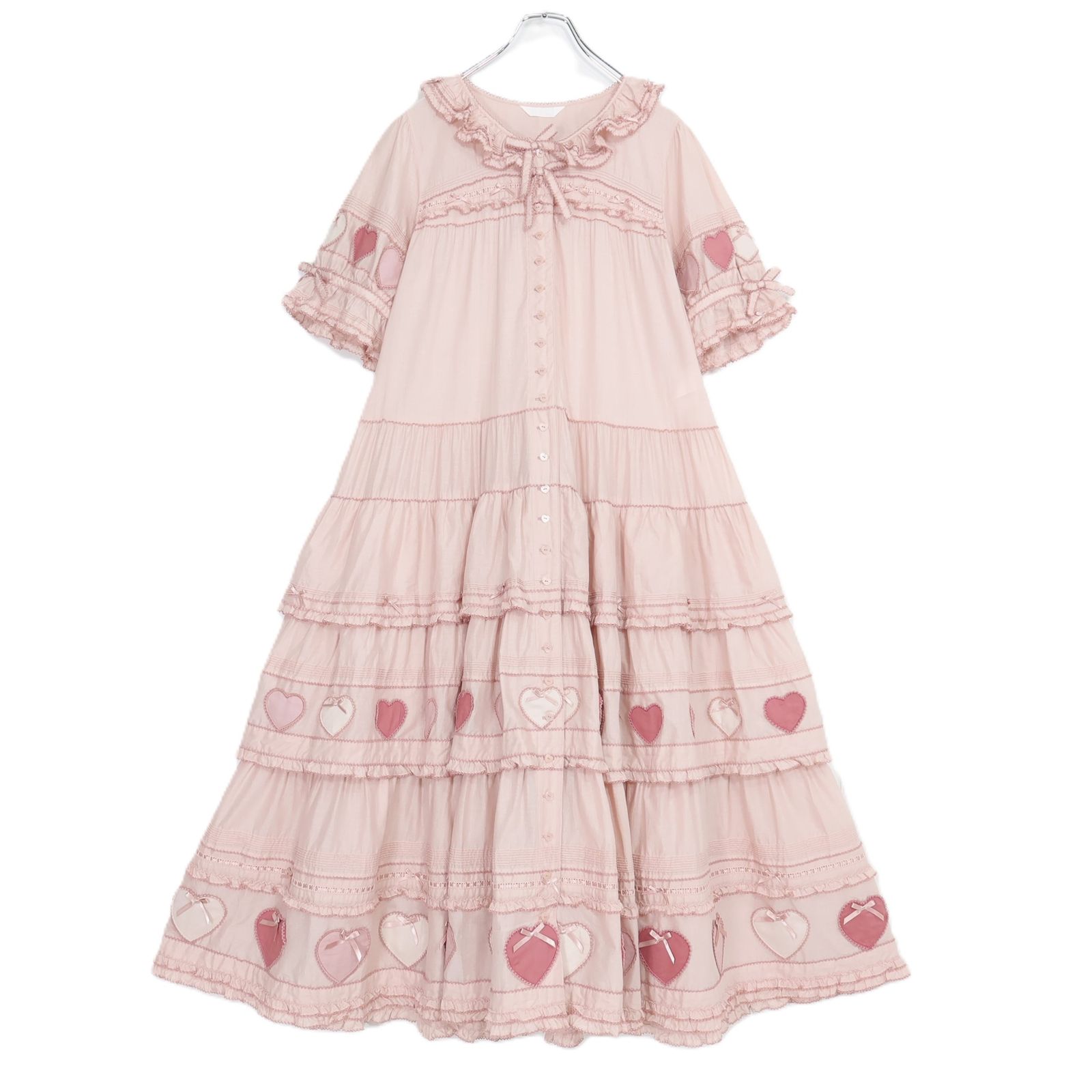 【極美品!!】ピンクハウス★ハートがいっぱい♪ワンピ 段々フリル はしごレース 前開き 綿ローン ピコフリル サテンリボン ピンタック ピンク系 z20313