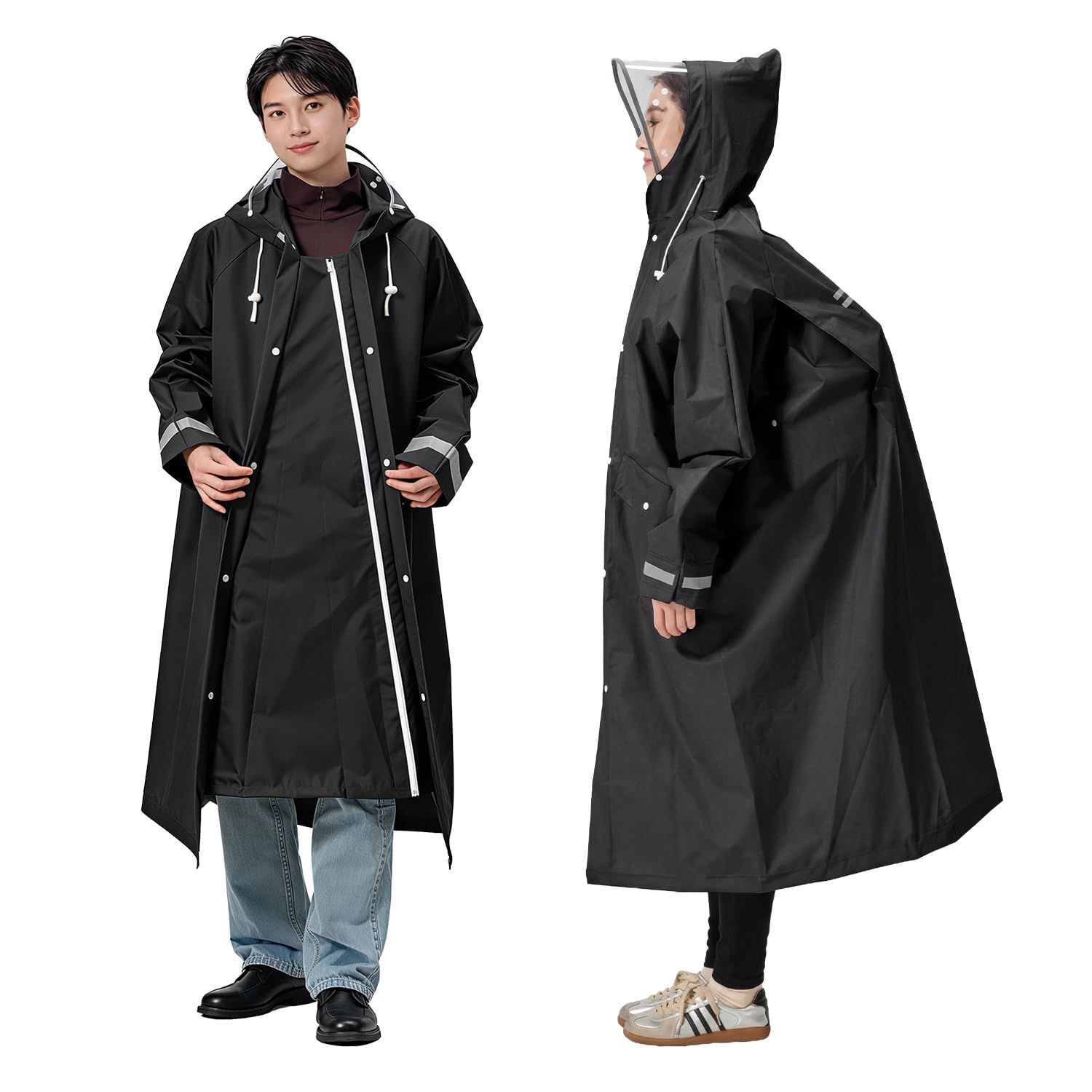 新商品 反射テープ バイク メンズ レインポンチョ ロング レディース ゴム袖口 大きい リュック対応 防水 防風 カッパ 雨具 雨合羽 自転車 超撥水 梅雨対策 レインコート 豪雨対応 軽量