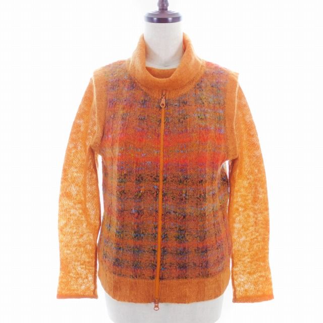 ハナエモリ HANAE MORI ニット アンサンブル ベスト ジップアップ カットソー 長袖 タートルネック 総柄 M オレンジ トップス /AZ