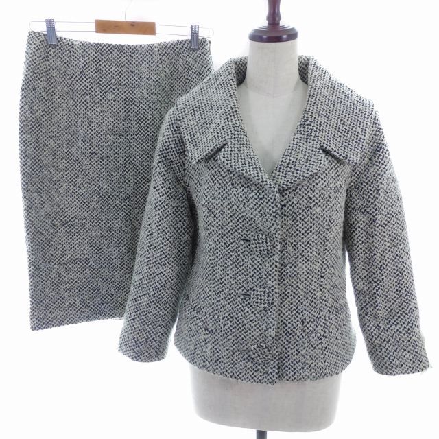 ハナエモリ HANAE MORI セットアップ 上下 ジャケット テーラード スカート タイト ミニ 総柄 42 グレージュ 黒 ブラック アウター ボトムス /AZ
