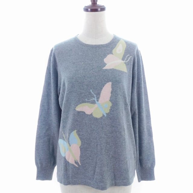 ハナエモリ HANAE MORI Cashmere ニット カットソー 長袖 クルーネック ウール 蝶々柄 M グレー トップス /AZ