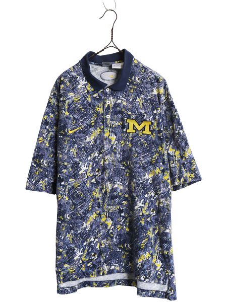 00s ☆ ナイキ ミシガン大学 総柄 ポロシャツ メンズ XL / オールド カレッジ スウォッシュ ワンポイント オーバル ロゴ 刺繍 ボックス Y2K