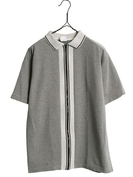 90s 00s USA製 ☆ UTILITY フルジップ 半袖 シャツ メンズ XL 小さめ L 程 古着 オールド カノコ ポロシャツ 襟付き ストレッチ 前開き Y2K
