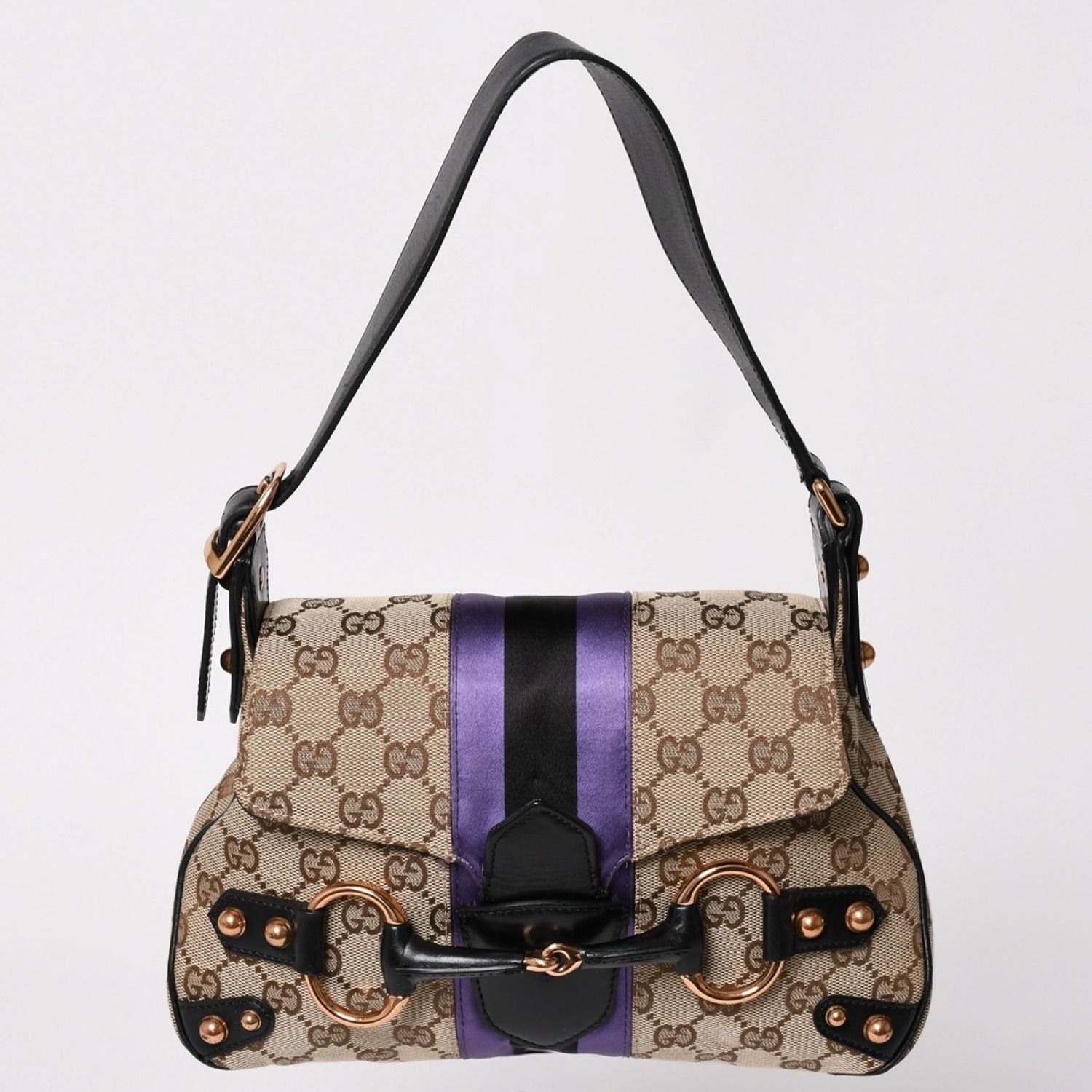 極美品 GUCCI グッチ ホースビットGGキャンバスセミショルダーバッグ パープル ブラック キャンバス地 サテン ブラックレザー トムフォード期 129699 002058 中古 4a001998