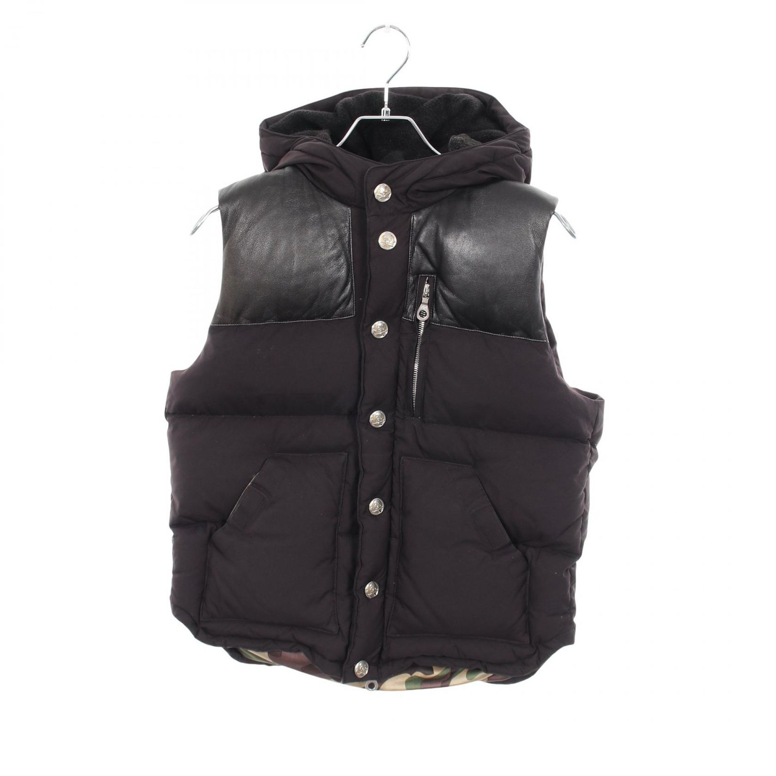マスターマインドジャパン mastermind JAPAN ダウンベスト 10AW evermore期 レザー切替 スカルボタン フーデッド ナイロン ベスト メンズ Used B