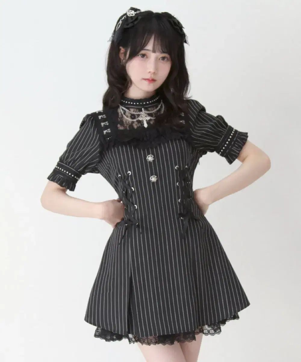 ディアマイラブ(DearMyLove) クロス チョーカー風 半袖 ワンピース ストライプ L