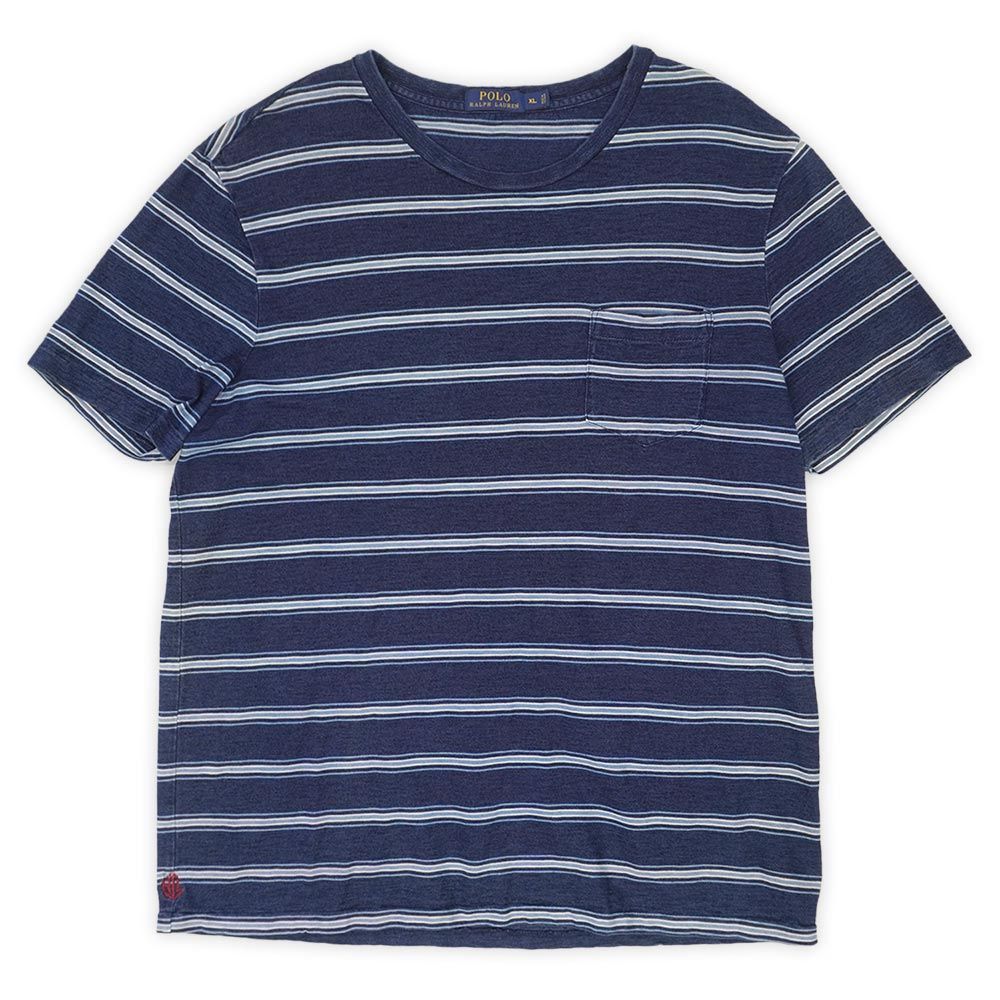 ポロラルフローレン POLO RALPH LAUREN 00s 2000年代 マルチボーダー ポケットTシャツ シングルステッチ ポケT 珍品 USA ヴィンテージ アメリカ 古着 メンズ Tシャツ インディゴブルー XL【中古】