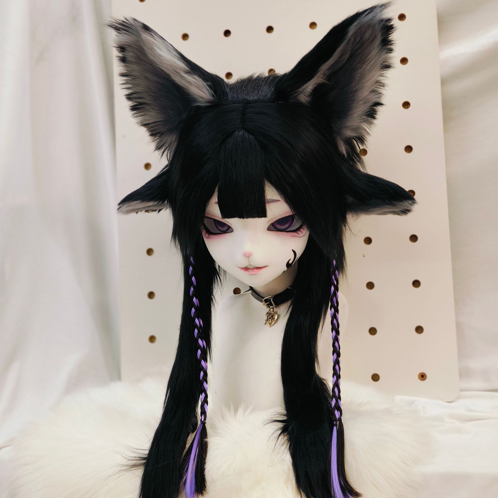 ケモノ着ぐるみ　ヘッド　きつね　Fursuit 着ぐるみヘッド ファースーツ キツネ 四つ耳 パープル 全頭ヘッド