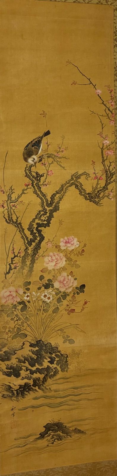 掛軸 狩野秋暉『梅に牡丹水仙花鸟図』絹本 時代物 合わせ箱付
