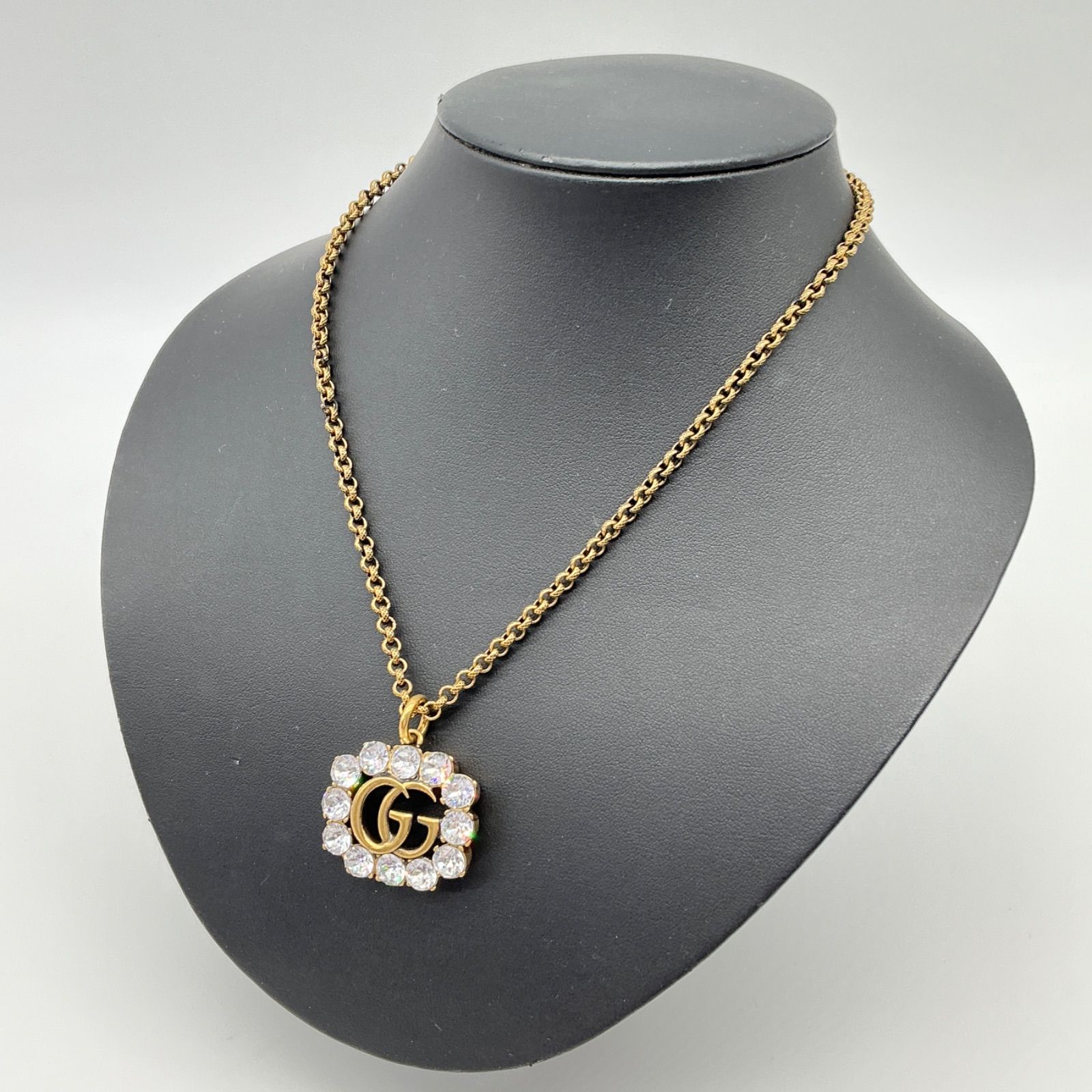 GUCCI グッチ インターロッキング GGロゴ クリスタル ラインストーン ネックレス ペンダント アクセサリー ゴールド 【中古】Bランク　5_455