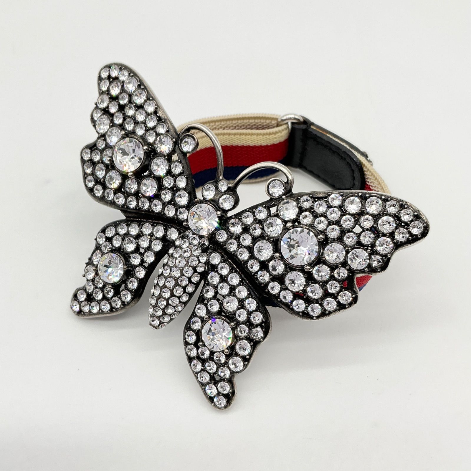 GUCCI グッチ バタフライ ブレスレット ラインストーン シルバー ゴムベルト アクセサリー 蝶 【中古】ABランク　5_457