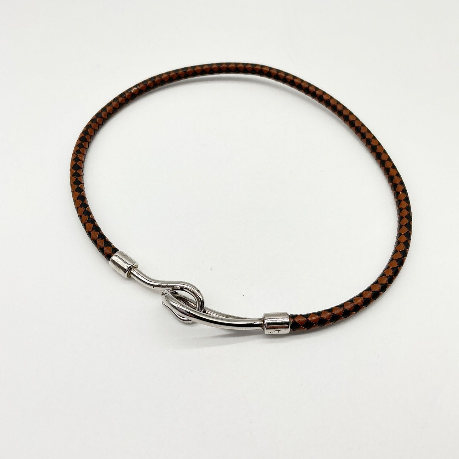 ●HERMES エルメス ジャンボチョーカー ジャンボブレス ブレスレット レザー 編込み メタル ブラック 黒 ブラウン 茶 コンビカラー 2トーン シルバー金具 【中古】 ABランク　5_459