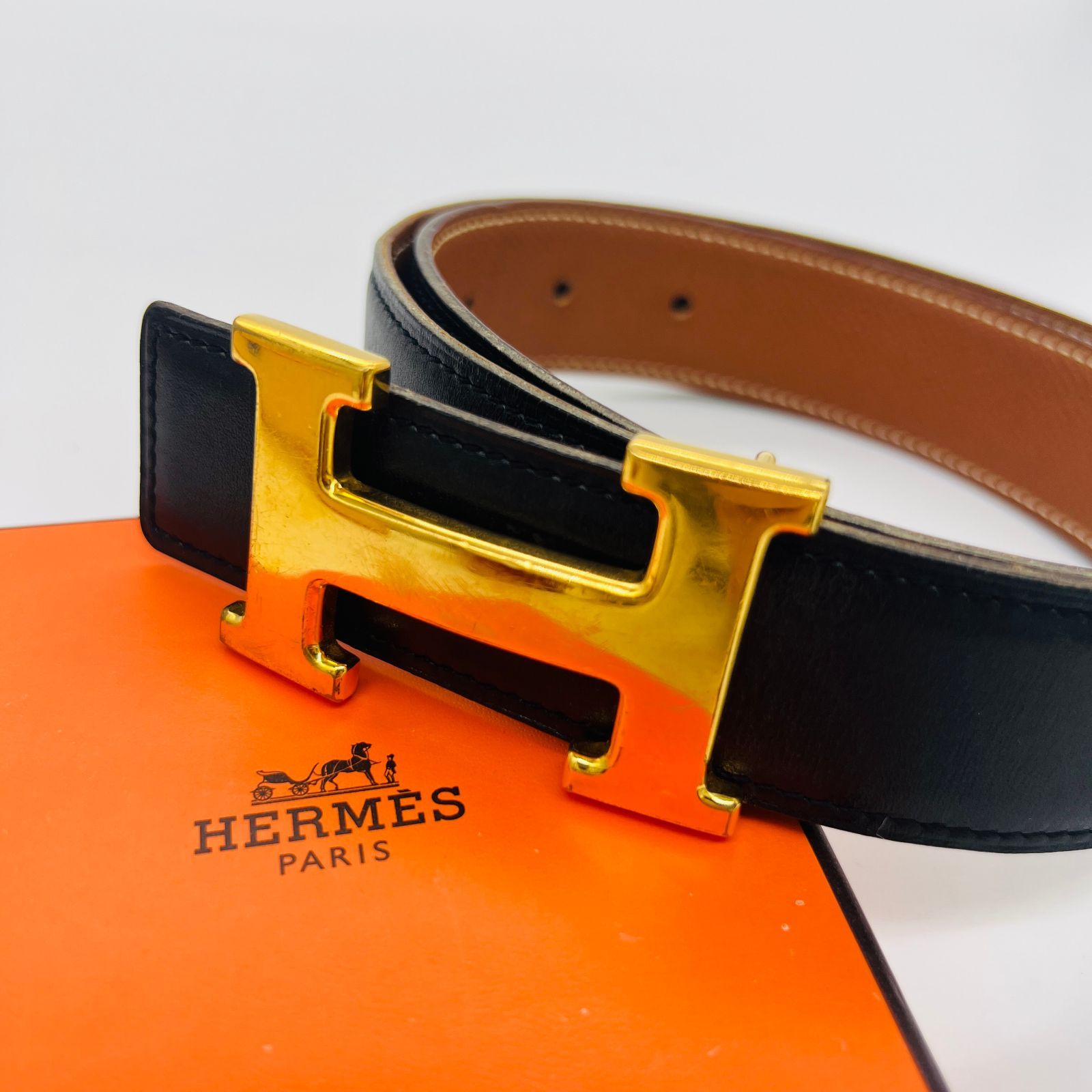 エルメス HERMES Hベルト ボックスカーフ×GP Y刻印 #70 ブラック