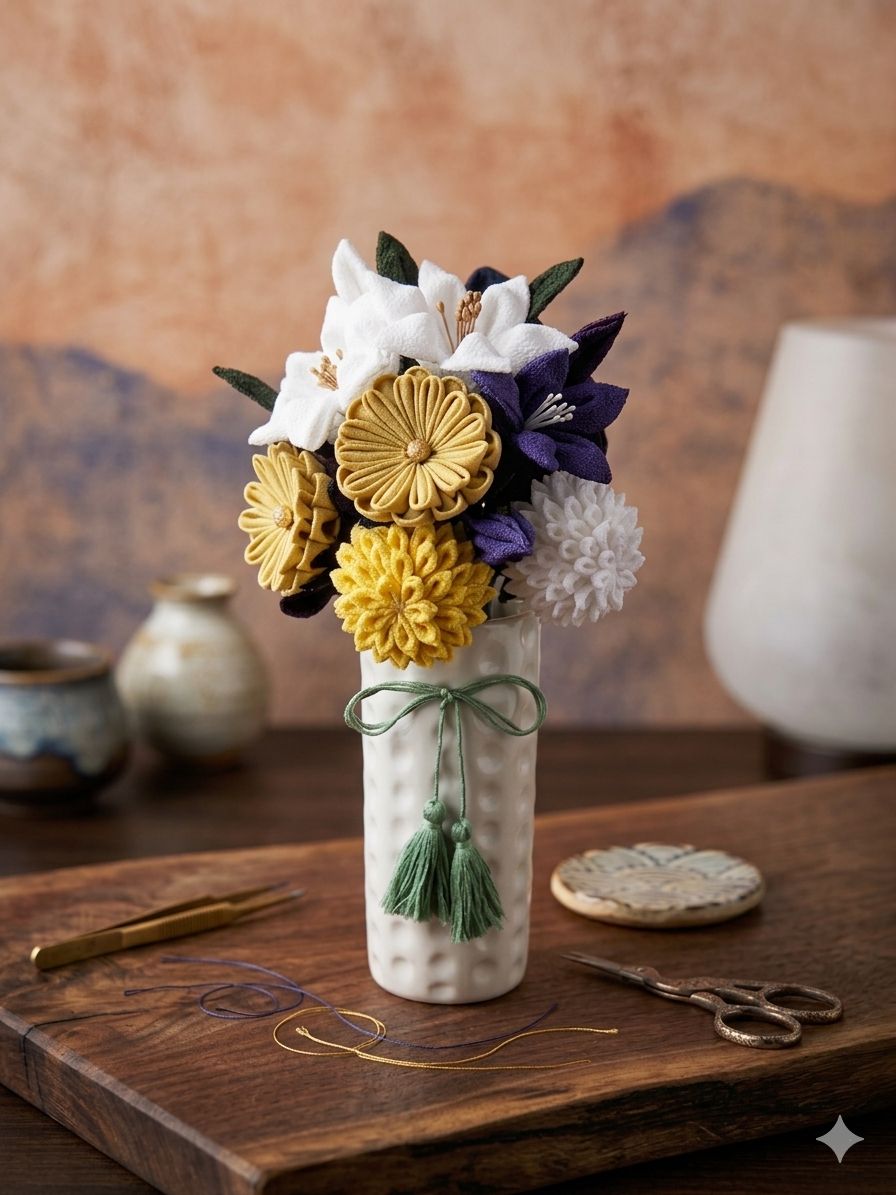 つまみ細工 仏花 【高さ約22cm】 お供え花 ちりめん 供花 枯れないお花