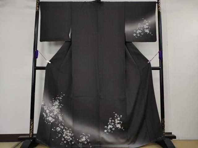 平和屋着物○極上 訪問着 柿しぶ染 天然繭糸御召 手描き 枝桜 蝉色地