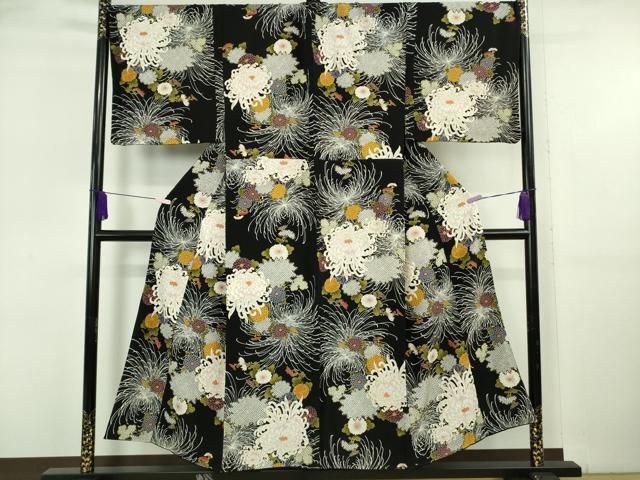 平和屋着物●極上 男性 小紋 キングサイズ 乱菊 黒地 金彩 鬼しぼ縮緬 逸品 DZAB6118kh6