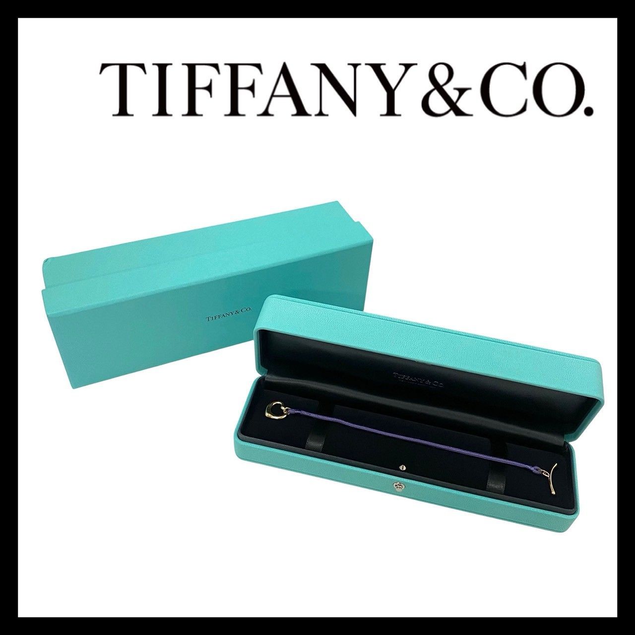 M【TIFFANY&Co.】オープンハート ブレスレット シルクコード ELSA PERETTI/エルサ ペレッティ 750/K18 ゴールド/金 総重量約4.6g パープル/紫 バングル ティファニー (66949OY16)