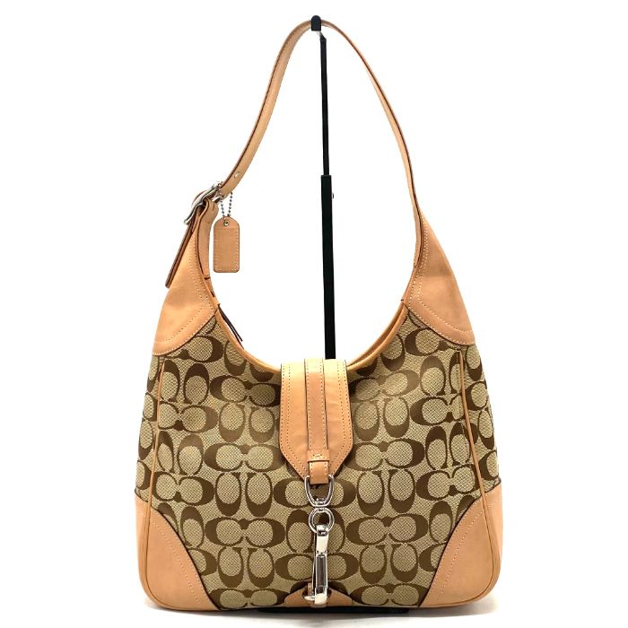【中古】良品 COACH コーチ シグネチャー キャンバス レザー ハンド ショルダー バッグ eH10177A