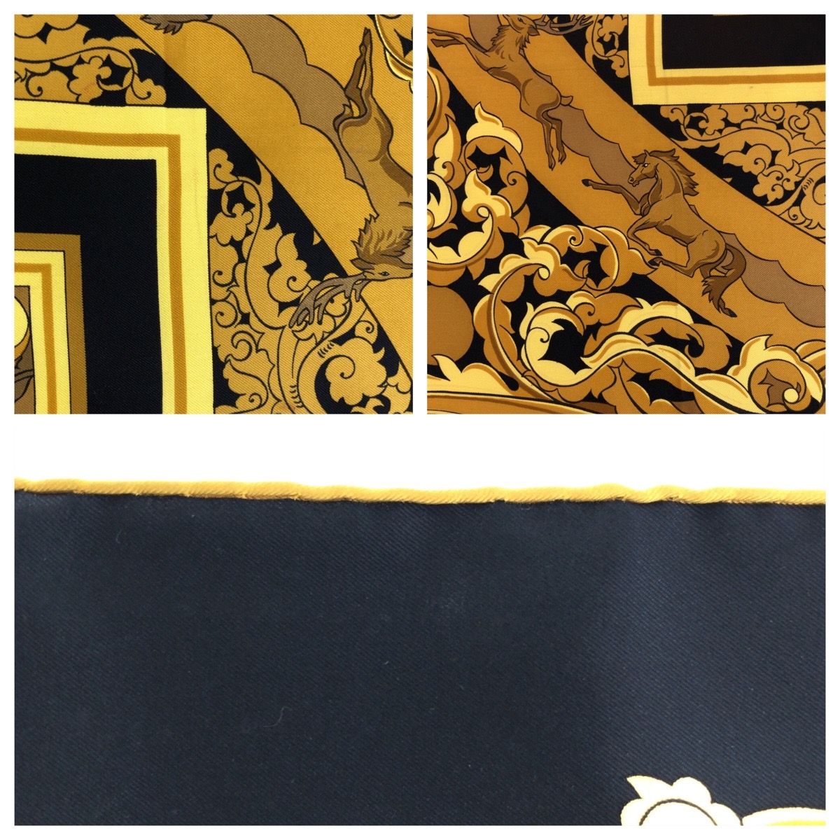 美品⭐︎HERMES シルクスカーフ 幾何学模様　ブラック/イエロー 美品 HERMES エルメス 太陽の動物たち カレ90 ブラック イエロー