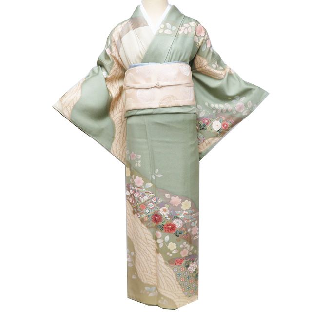 訪問着 着物 中古 正絹 袷 フォーマル 金駒刺繍 花の図 柳染色 多色 金