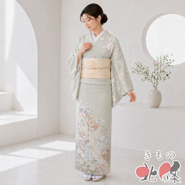 訪問着 着物 中古 正絹 袷 フォーマル 金駒刺繍 花の図 裏葉柳色 多色