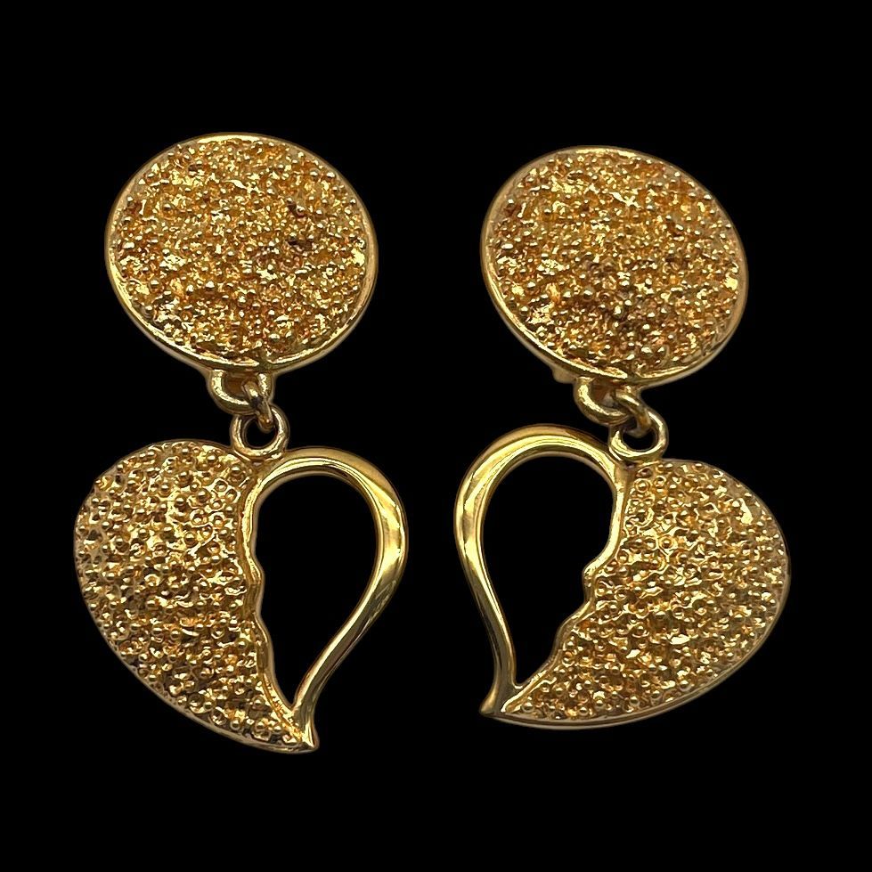 美品 Yves Saint Laurent イヴサンローラン イヤリング 大ぶり スイングハート ゴールド ロゴ 刻印 ヴィンテージ アクセサリー フランス製
