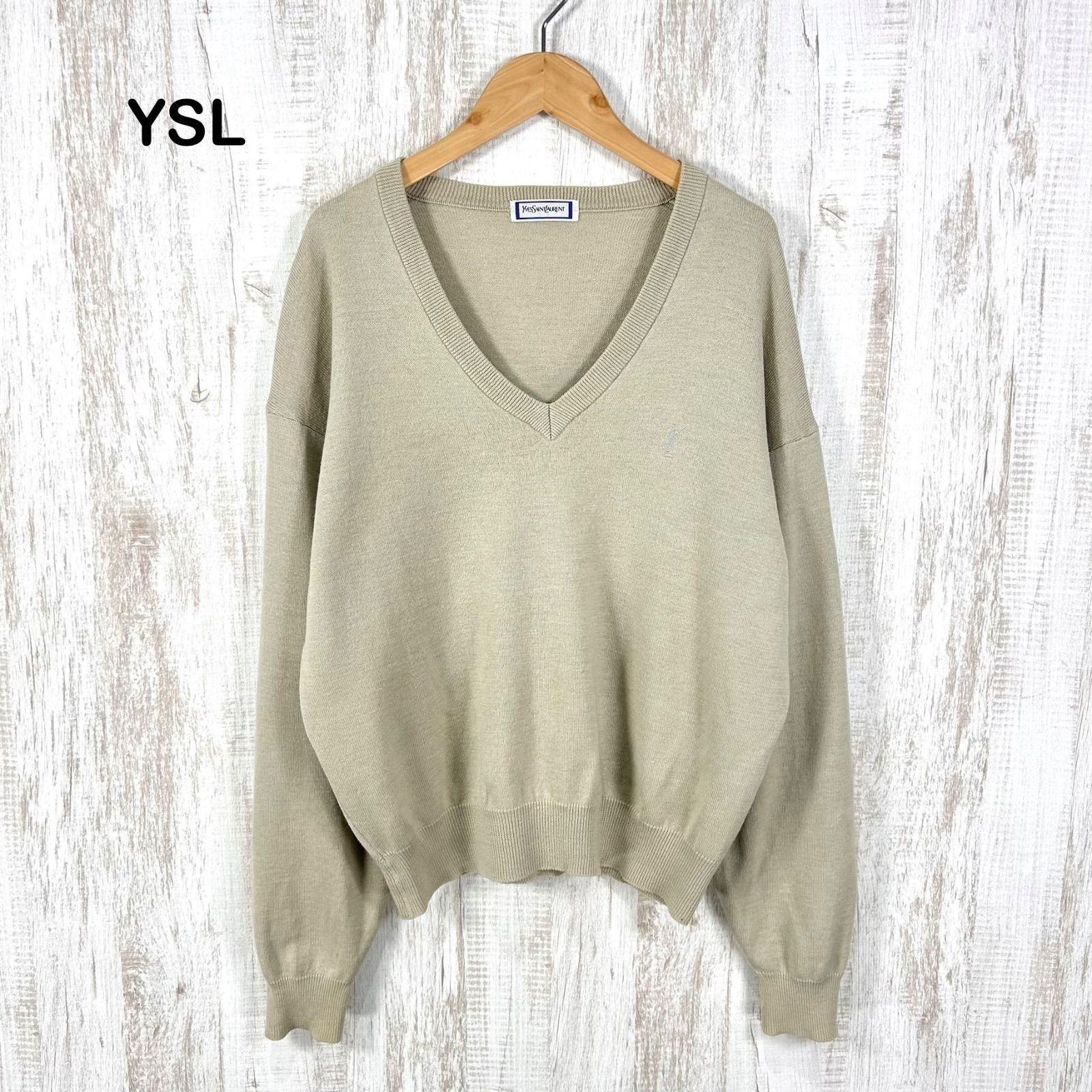 90s 古着 Yves Saint Laurent イヴサンローラン YSLロゴ刺繡 ウール リネン Vネック セーター ベージュ ヴィンテージ