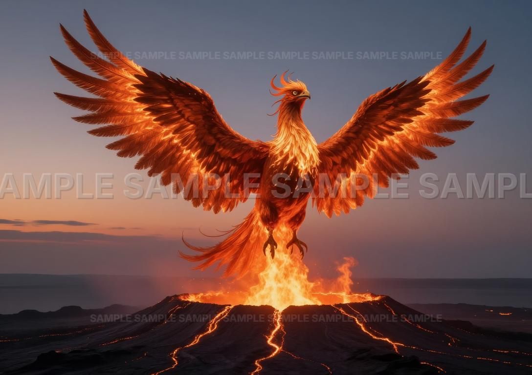 不死鳥伝説】 炎の神鳥 フェニックス 雄大な翼 溶岩火山 幻想的アート