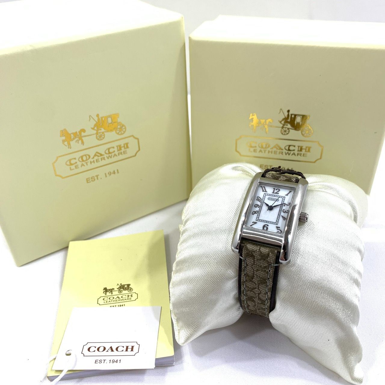 ◆付属品完備!!美品!!◆ COACH コーチ 0313 スクエア クォーツ シグネチャー 白文字盤 SS×革ベルト レディース 腕時計 箱有り 不動品