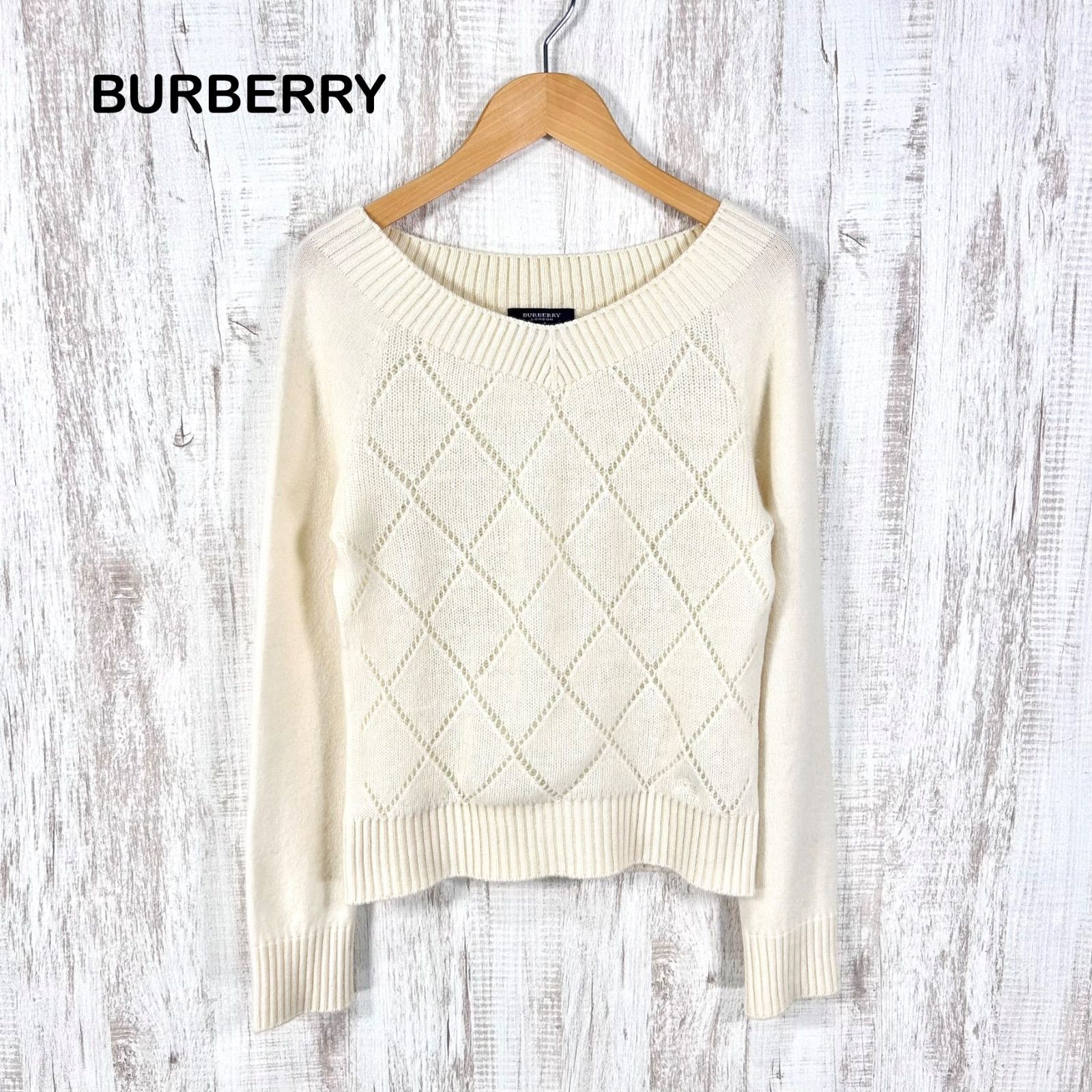 BURBERRY LONDON バーバリーロンドン ホースロゴ刺繡 アーガイルチェック カシミヤ セーター ホワイト