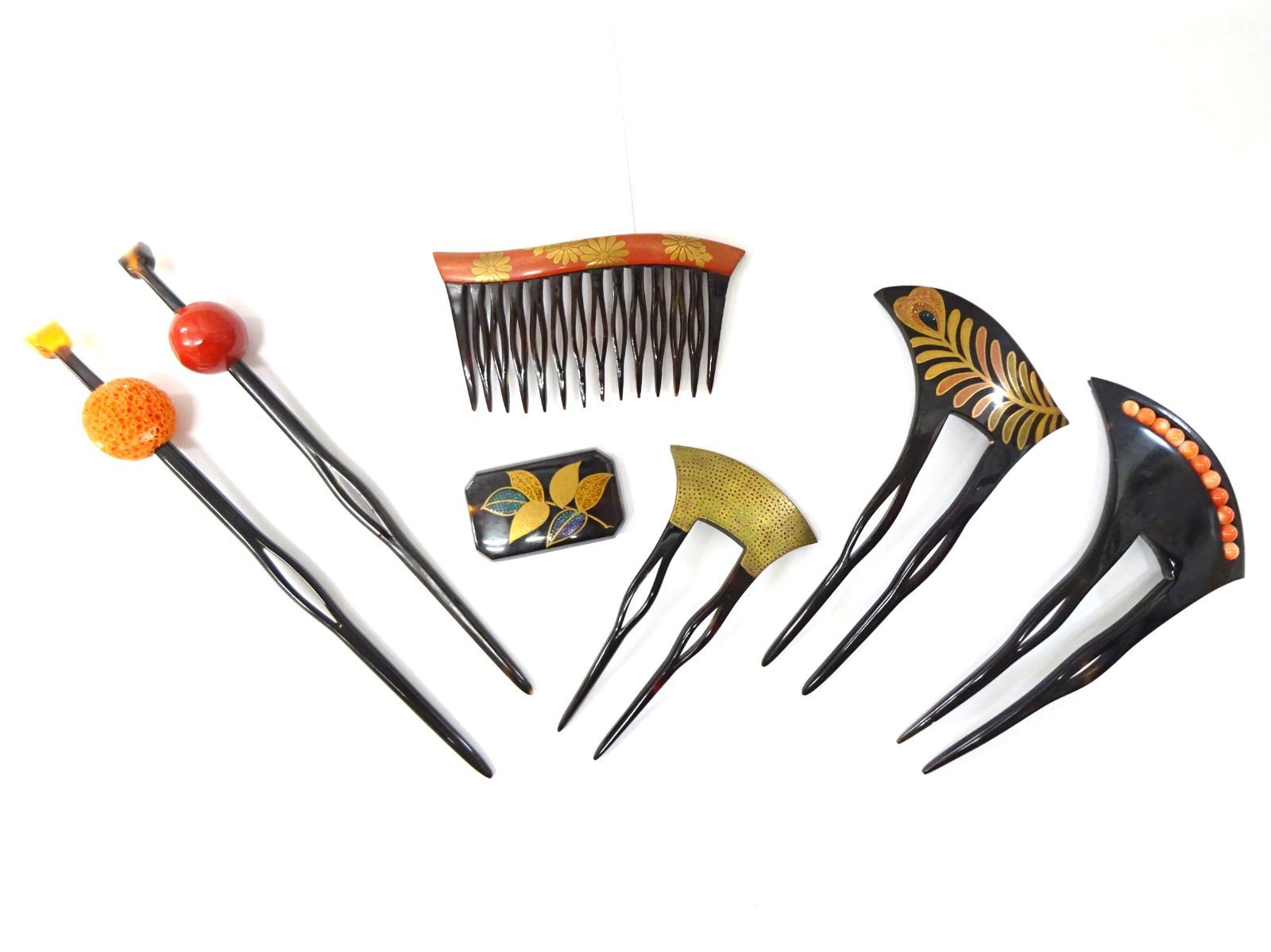 本べっ甲かんざし 櫛 帯留 7点セット 作家物 武山 光浦 栄正 すだま珊瑚 玉簪