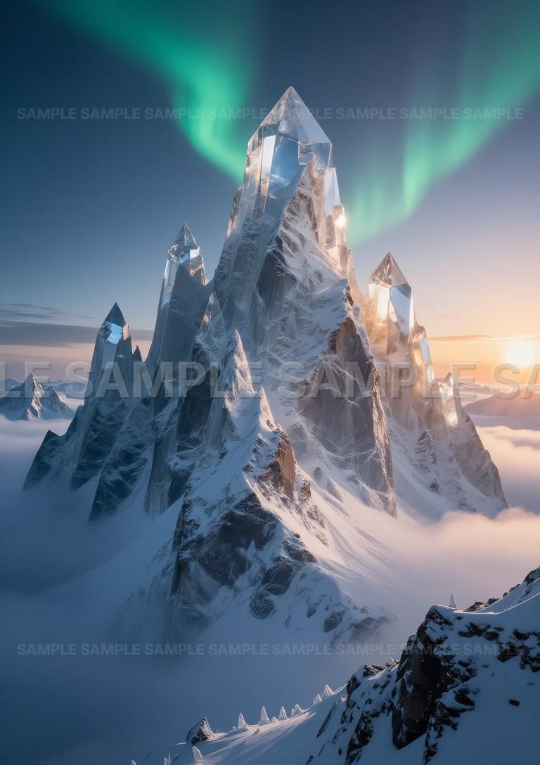 神秘の絶景】クリスタルマウンテン オーロラ 幻想的 山岳 風景画