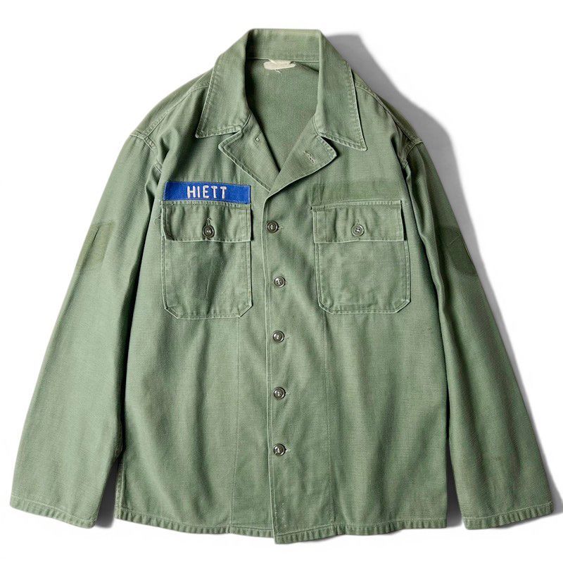 60s US ARMY 米軍実物 OG-107 コットン サテン ユーティリティ シャツ 1st 筒袖 後期 / 60年代 ビンテージ ジャケット ミリタリー オリーブ