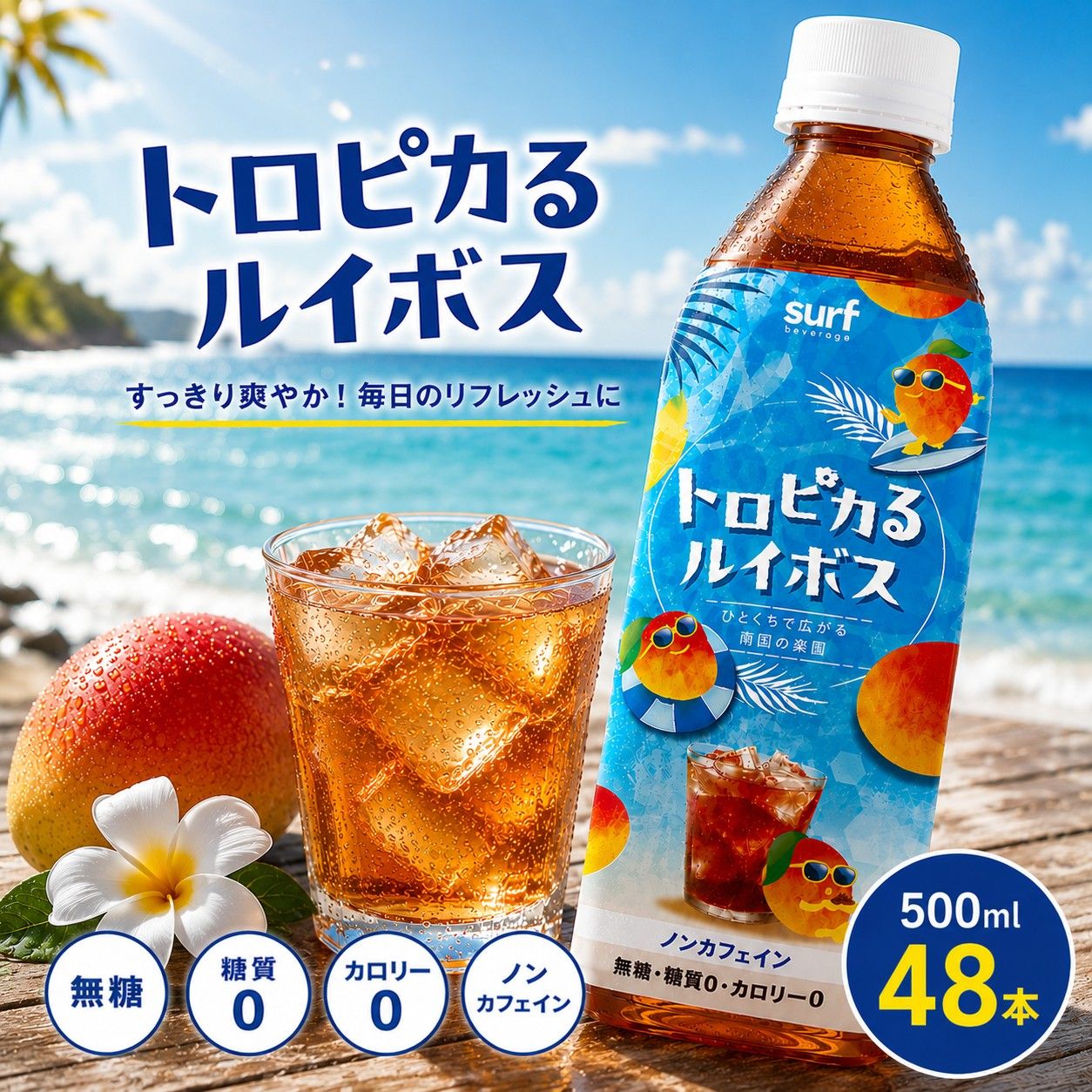 【 送料無料 】 サーフビバレッジ トロピカるルイボス 500ml 24本×2箱 (計48本) ルイボスティー 無糖 無糖茶 カロリーゼロ カフェインゼロ カフェインレス マンゴー果汁 お茶