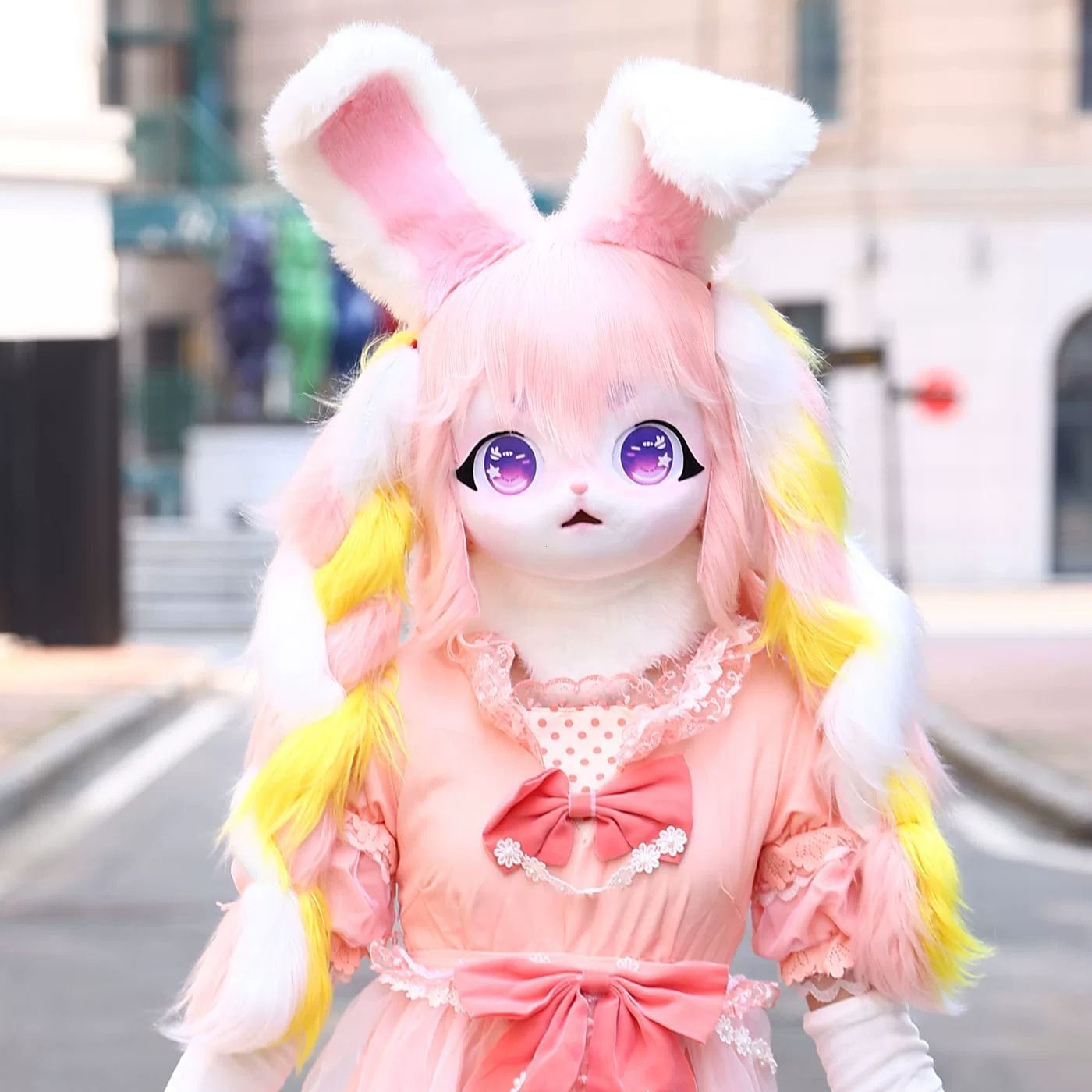 着ぐるみヘッド ウサギ耳 ライトピンク 兎面 全頭ヘッド ケモノ マスク