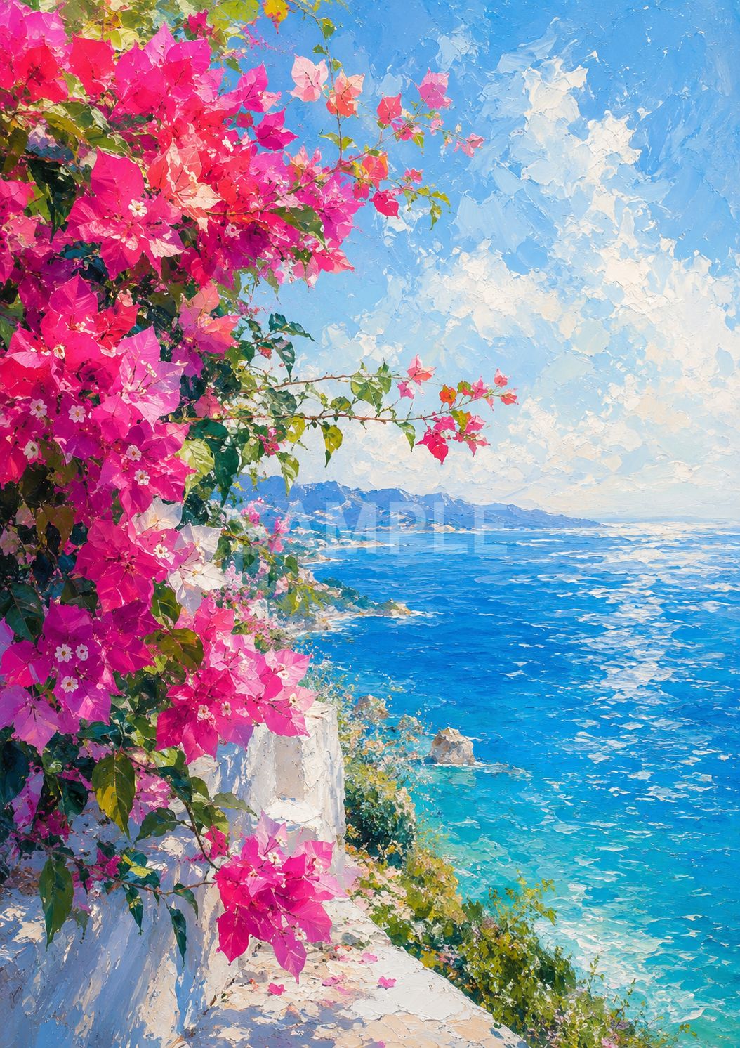 093 ブーゲンビリアと青い海の風景画｜南国リゾート風 デジタルアート