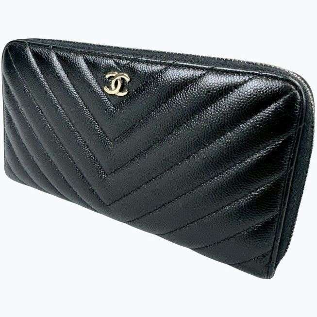 美品】CHANEL シャネル Vステッチ ラウンドジップ 長財布 ブラック