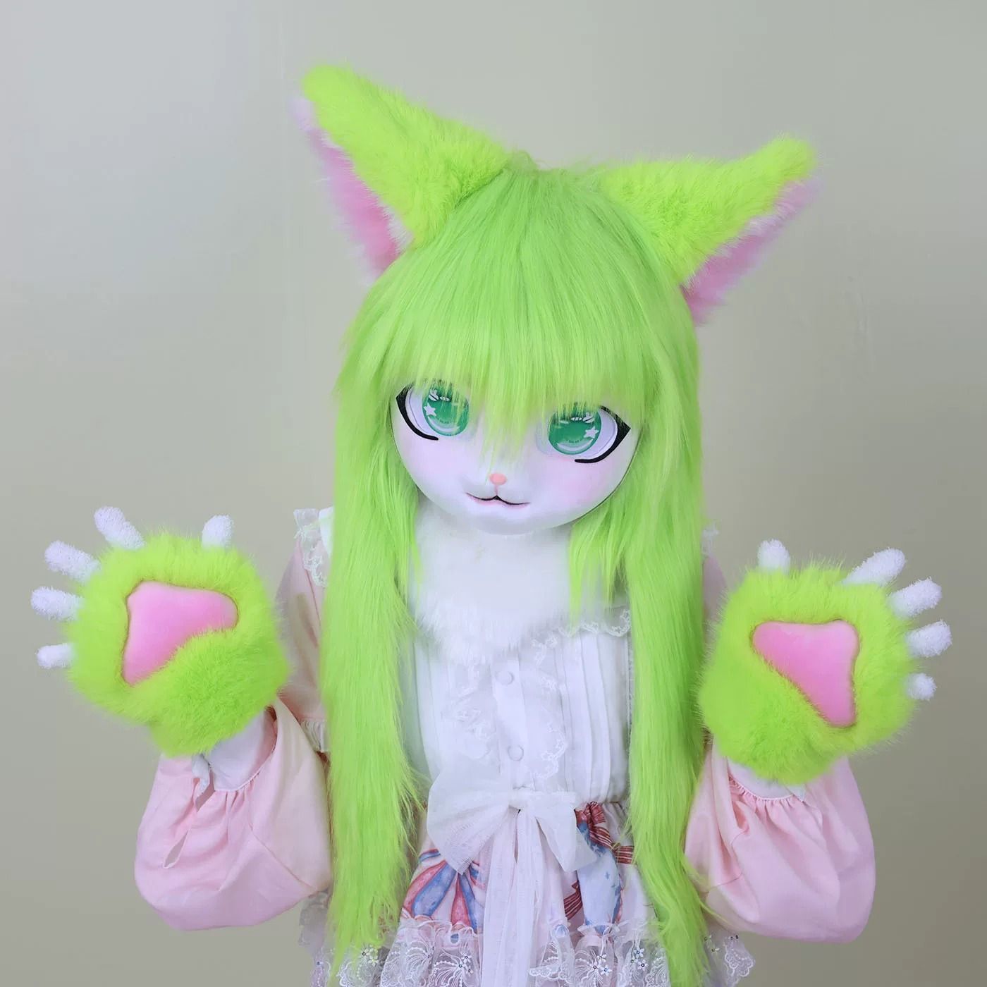 着ぐるみヘッド 猫 立ち耳 緑 全頭ヘッド ケモノ マスク ファースーツ 
