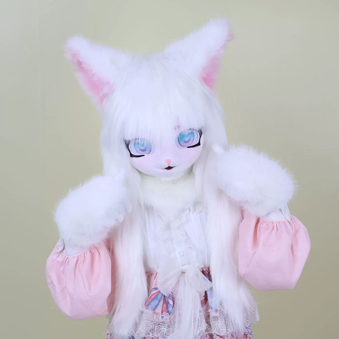着ぐるみヘッド 猫 立ち耳 白 全頭ヘッド ケモノ マスク ファースーツ 