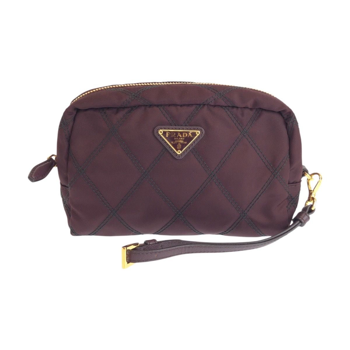 【微美品】PRADA プラダ　レザー　ポーチ　バイカラー　三角ロゴ 美品 PRADA プラダ 三角ロゴプレート テスート ワインレッド ボルドー