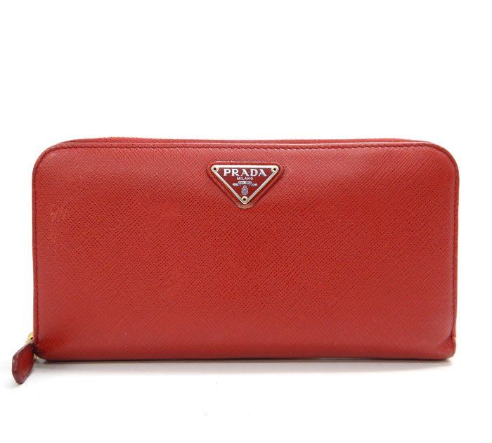 PRADA サフィアーノ三角ロゴ 長財布レッド系 PRADA プラダ/サフィアーノ 三角ロゴプレート/ラウンドファスナー長