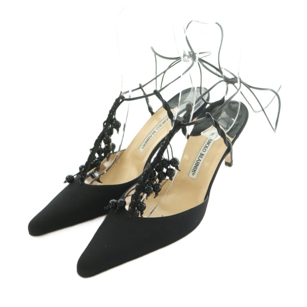 マノロブラニク MANOLO BLAHNIK ミュール ポインテッドトゥ ピンヒール ビーズ装飾 39 26.0cm 黒 /MI ■GY19
